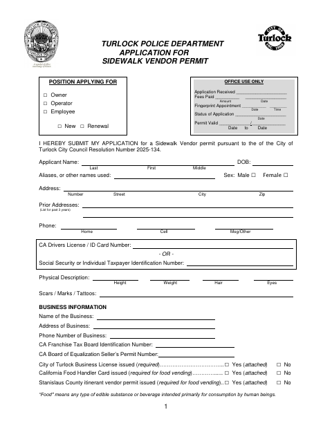 First page of the Application for Sidewalk Vendor Permit