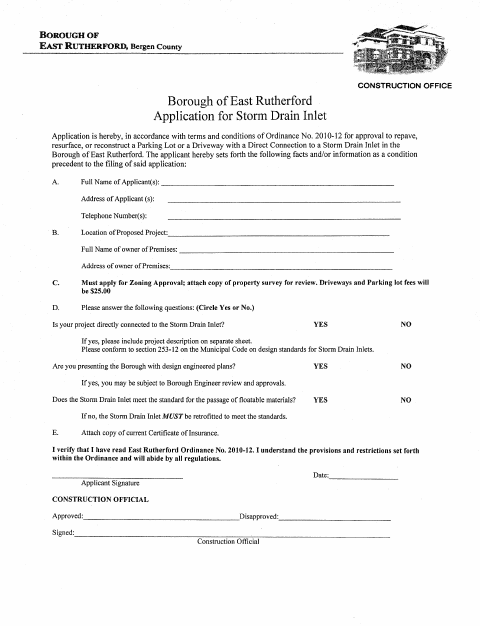 First page of the Storm Drain Inlet Application
