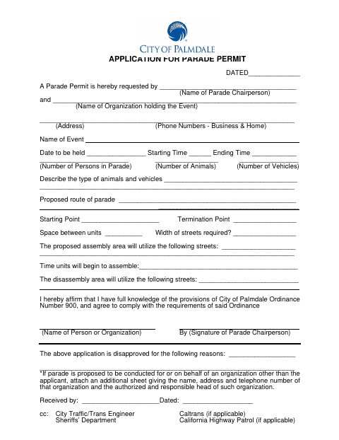 First page of the Application for Parade Permit