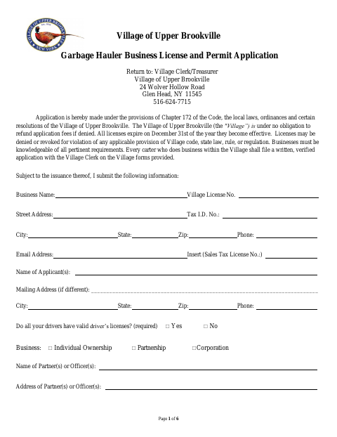 First page of the Garbage Hauler Business License and Permit Application