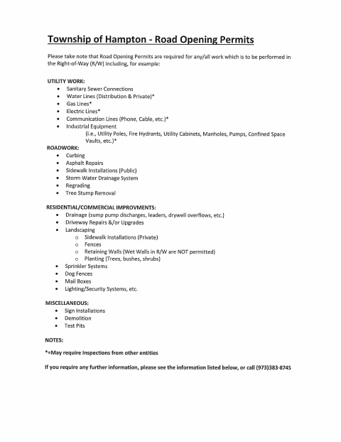 First page of the Road Opening Permit Application