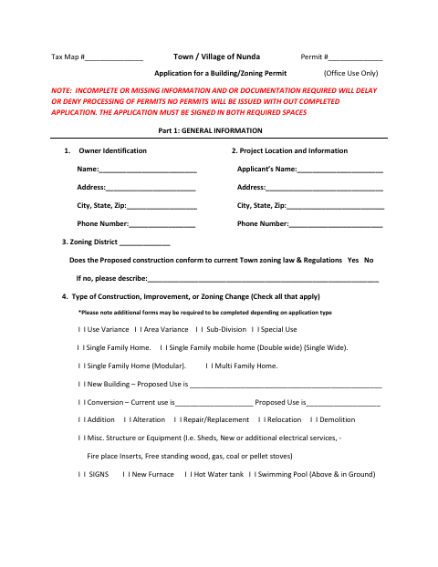 First page of the Application for a Building/Zoning Permit