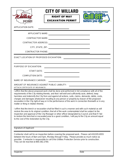 First page of the Right of Way Excavation Permit