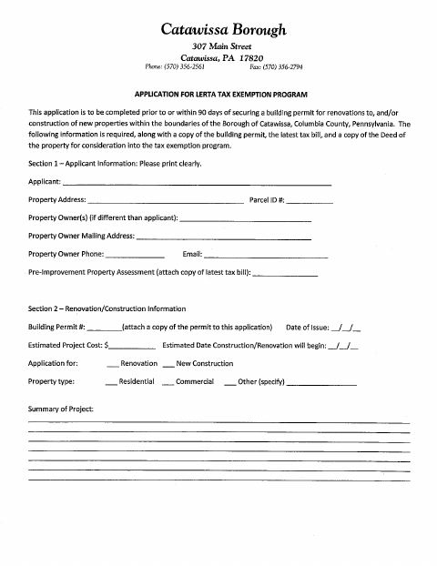 First page of the LERTA Tax Exemption Application