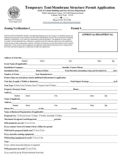 First page of the Temporary Tent/Membrane Structure Permit Application