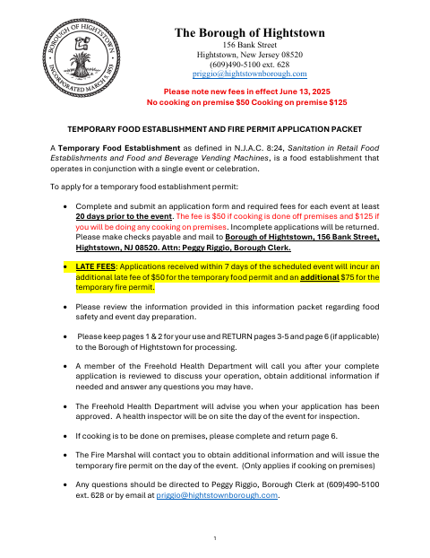 First page of the Temporary Food Establishment and Fire Permit Application Packet