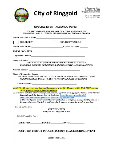 First page of the Special Event Alcohol Permit