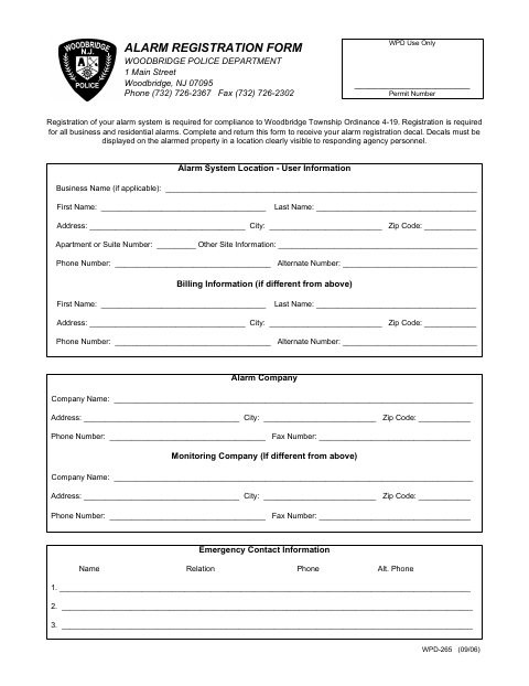 First page of the Alarm Registration Form