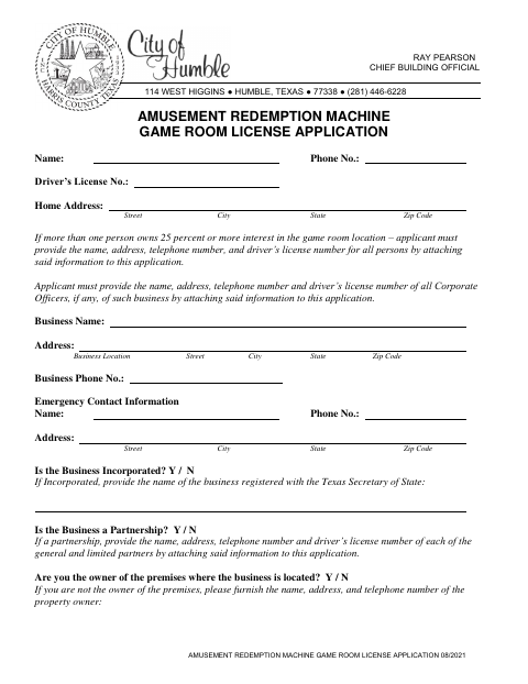 First page of the Amusement Redemption Machine Game Room License Application