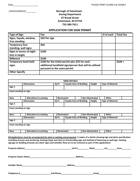 First page of the Application for Sign Permit
