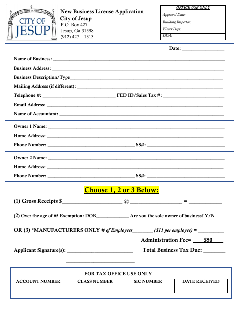 First page of the New Business License Application