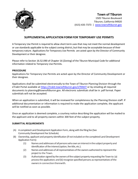 First page of the Supplemental Application Form for Temporary Use Permits