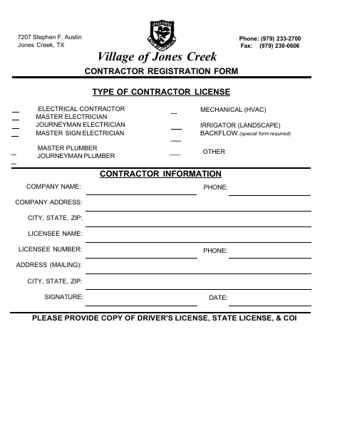 First page of the Contractor Registration Form