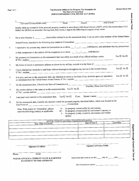 First page of the Military Personal Property Tax Exemption Affidavits