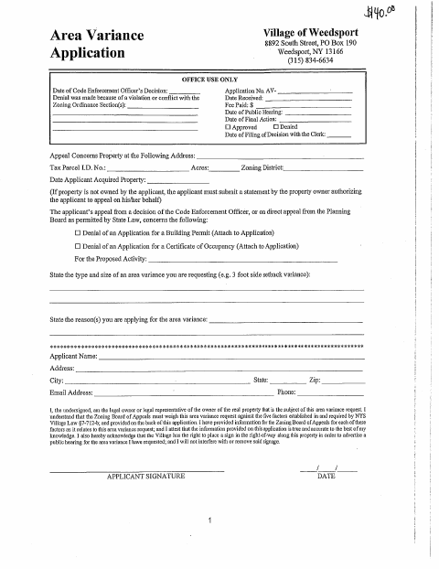 First page of the Area Variance Application
