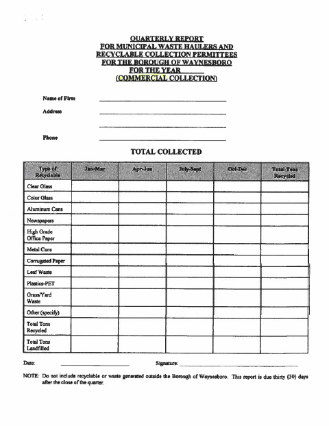 First page of the Recyclable Collection Report