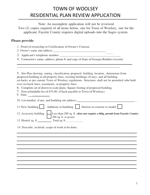 First page of the Residential Plan Review Application