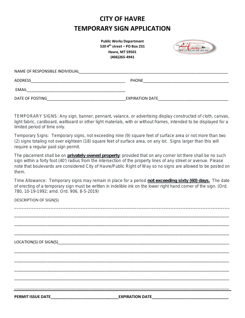 First page of the Temporary Sign Application