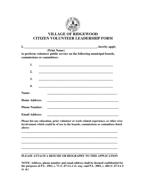First page of the Citizen Volunteer Leadership Form