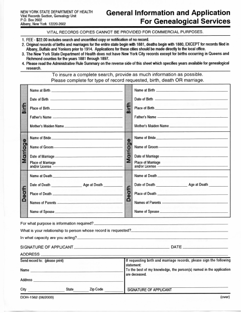 First page of the Genealogical Services Application