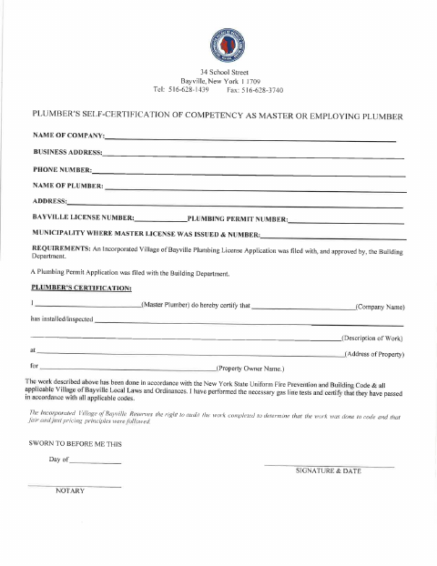 First page of the Plumber’s Installation Affidavit