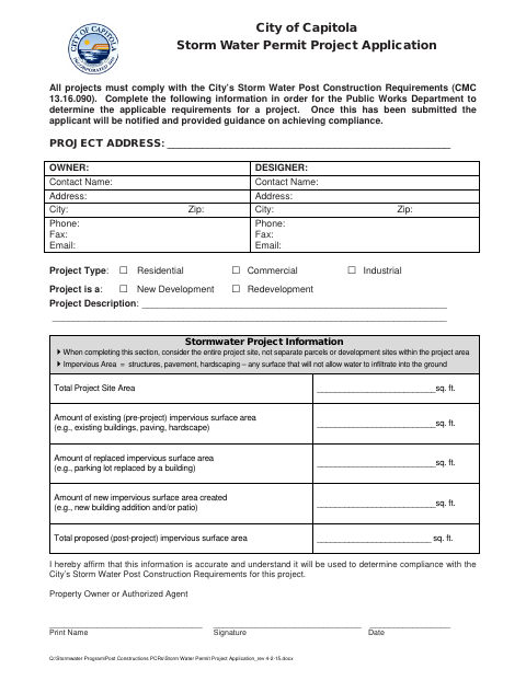First page of the Storm Water Permit Project Application