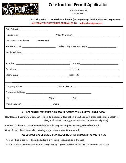 First page of the Construction Permit Application