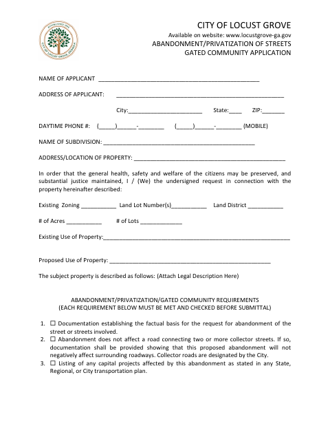 First page of the Abandonment/Privatization of Streets Gated Community Application