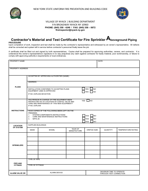First page of the Contractor's Material and Test Certificate for Fire Sprinkler Aboveground Piping