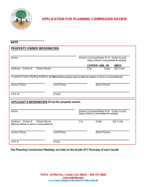 First page of the Application for Planning Commission Review