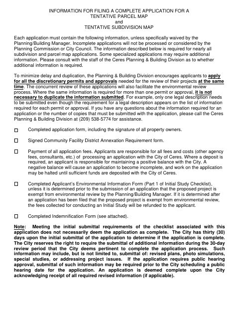 First page of the Tentative Parcel and Subdivision Maps