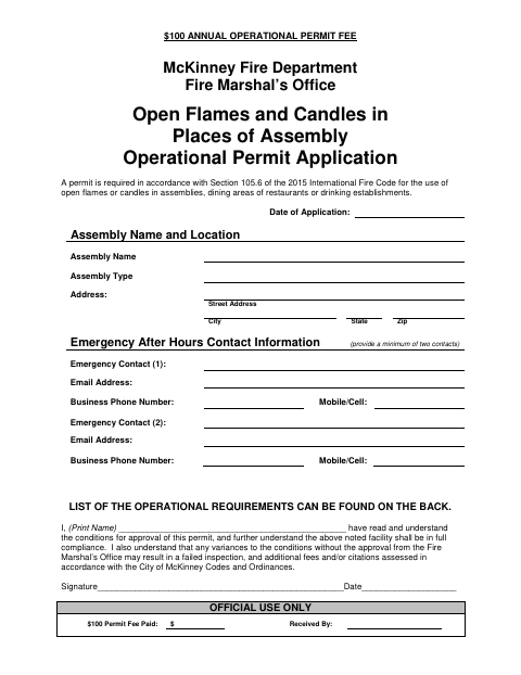 First page of the Open Flames and Candles in Places of Assembly Operational Permit Application