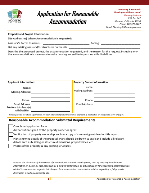 First page of the Application for Reasonable Accommodation
