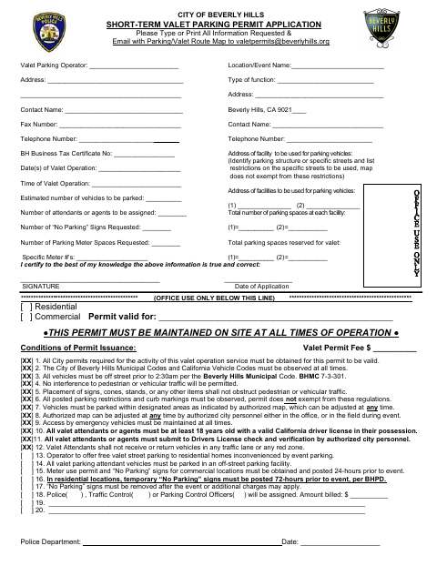 First page of the Short-Term Valet Parking Permit Application