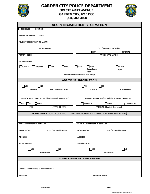 First page of the Alarm Registration Form