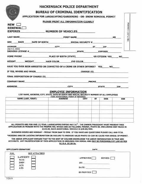 First page of the Landscaping, Gardening, or Snow Removal Permit Application