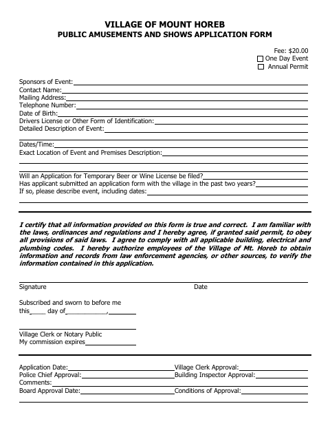 First page of the Public Amusements and Shows Application