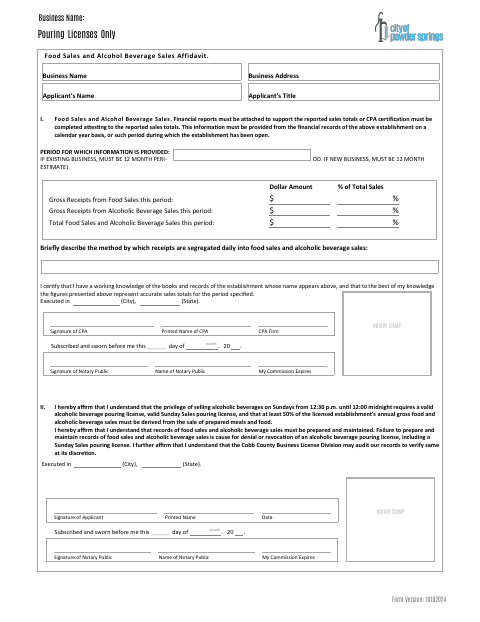 First page of the Food Sales and Alcohol Beverage Sales Affidavit