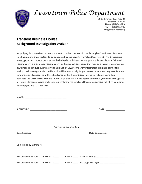 First page of the Transient Business License Background Investigation Waiver