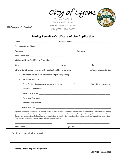 First page of the Zoning Permit Certificate of Use Application