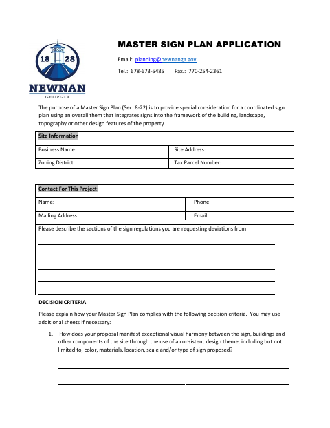 First page of the Master Sign Plan Application