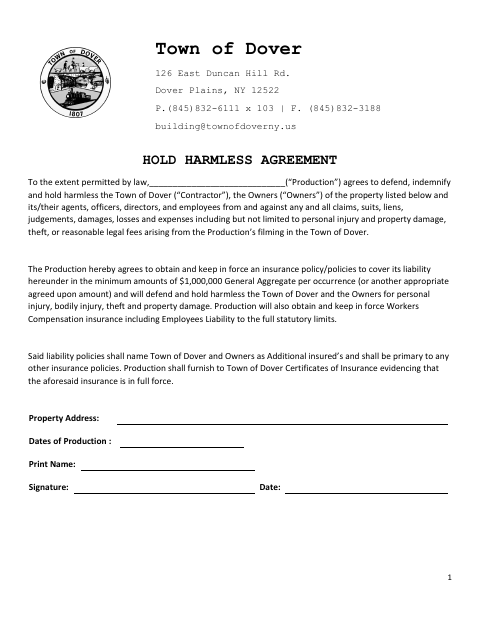 First page of the Film Hold Harmless Agreement