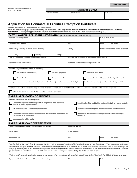 First page of the Application for Commercial Facilities Exemption Certificate