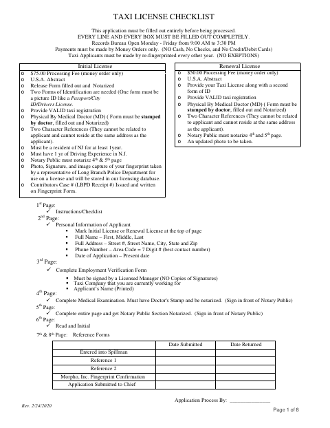 First page of the Taxi License Application Package