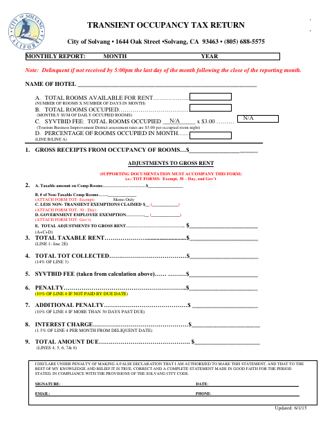First page of the Transient Occupancy Tax Return