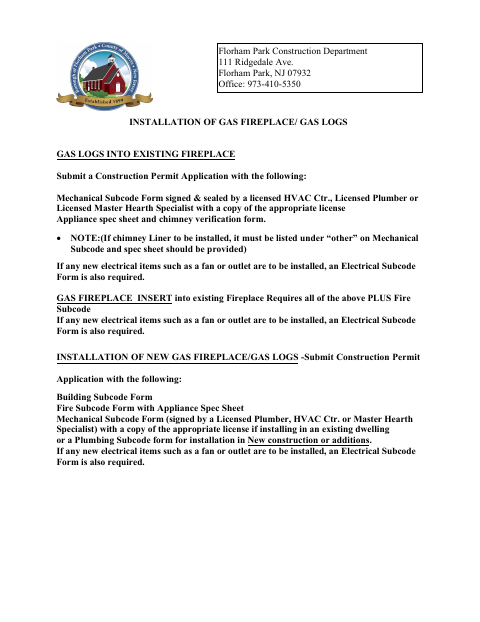 First page of the Gas Log Fireplace Permit