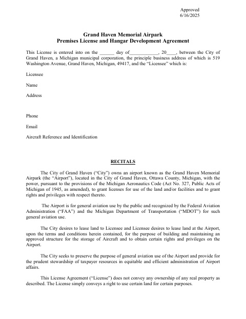 First page of the Memorial Airpark Premises License and Hangar Development Agreement