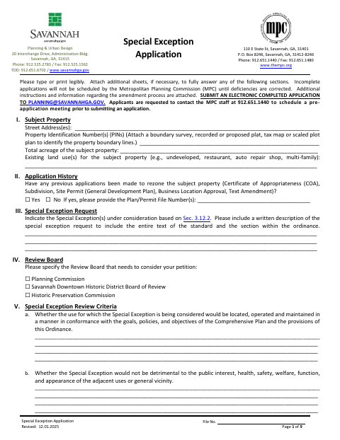First page of the Special Exception Application