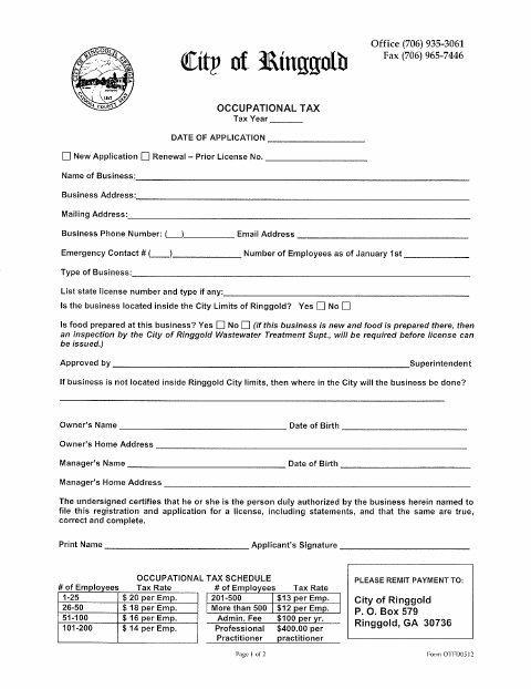 First page of the Occupational Tax Application