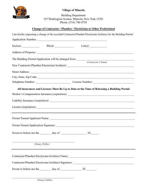 First page of the Change of Contractor, Plumber, Electrician or Other Professional
